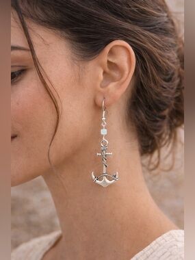 Nautical Anchor Drop Earrings | Silver Tone + Soft Blue Bead | Coastal Style